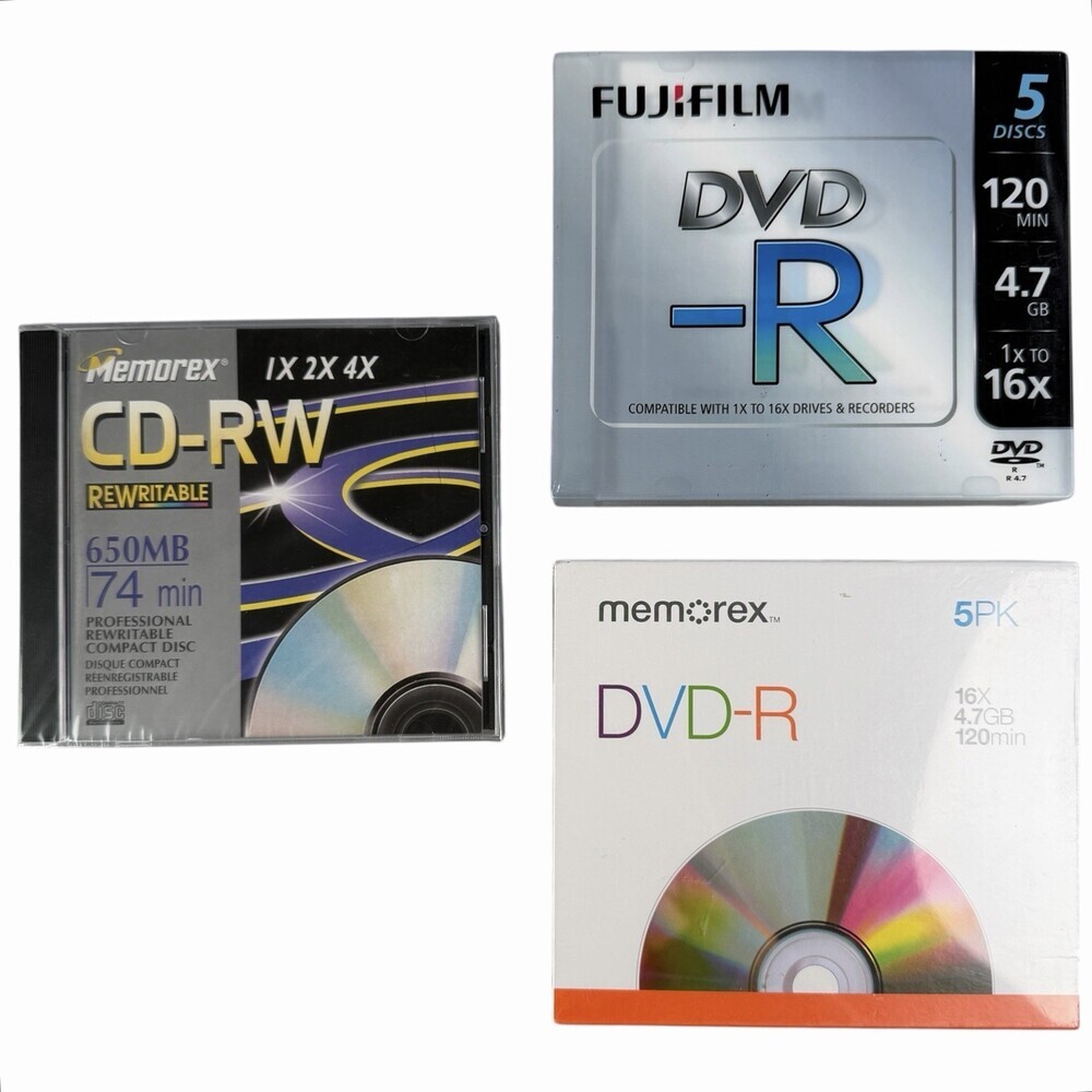 Lot 10 DVD-R 4.7 GB Discs 120 Min Fujifilm Memorex - PLUS 1 CD-RW 650 MB 74 Min